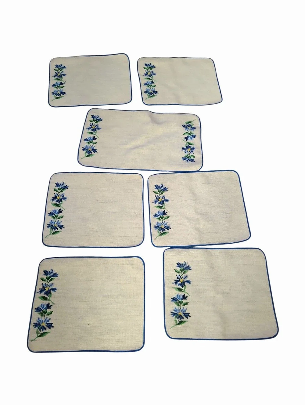 Vintage Handmade Cross-Stitch Floral Placemat Set 6 Plus Center Runner